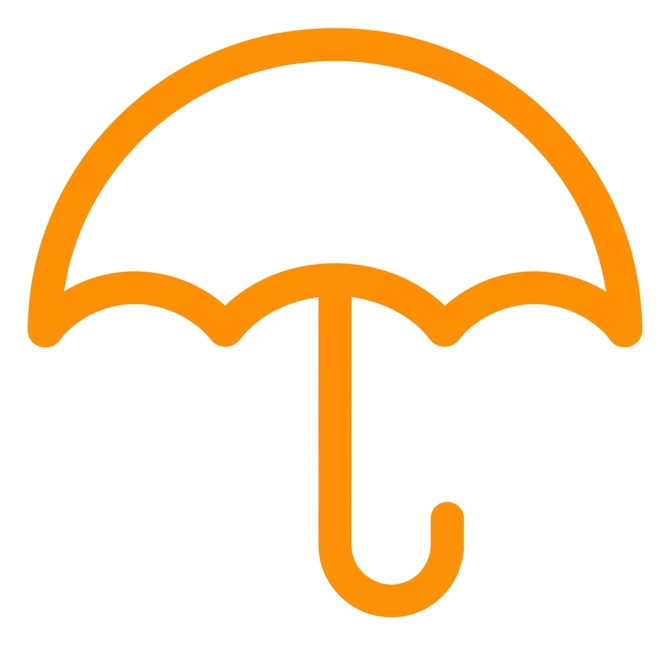 Rounded line icon, thick orange outline of an umbrella icon, transparent background PNG