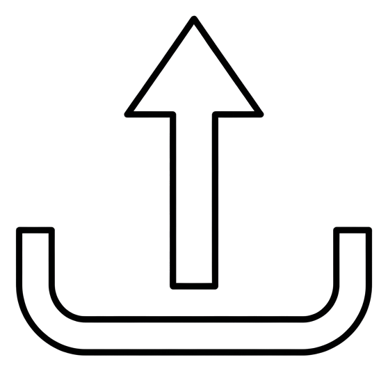 Thin black line icon, minimal outline of an upload icon with an upward arrow out of a tray, transparent background PNG