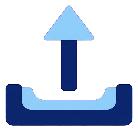 Duotone icon, navy blue and light blue of an upload icon with an upward arrow out of a tray, transparent background PNG