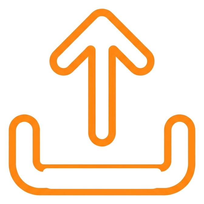 Rounded line icon, thick orange outline of an upload icon with an upward arrow out of a tray, transparent background PNG