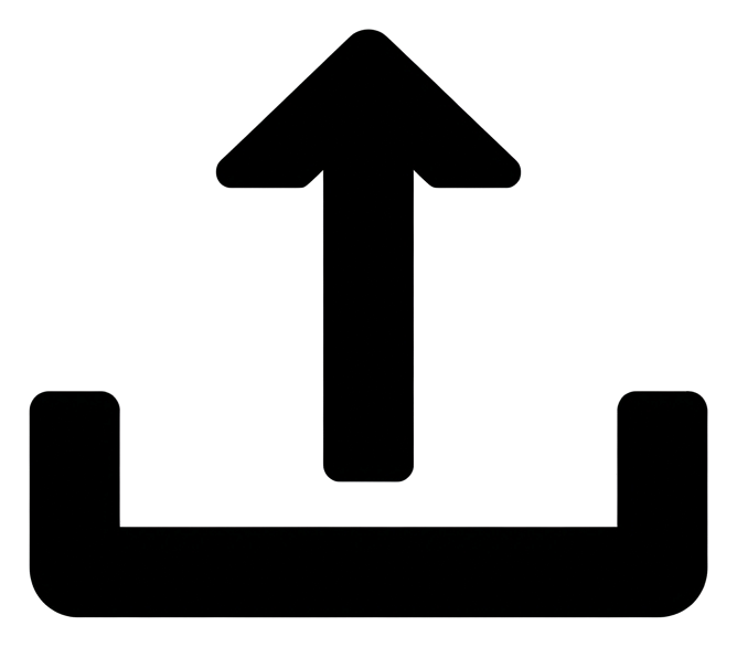 Bold black glyph icon, solid filled silhouette of an upload icon with an upward arrow out of a tray, transparent background PNG