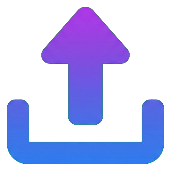 Gradient app-style icon, purple to blue gradient of an upload icon with an upward arrow out of a tray, transparent background PNG