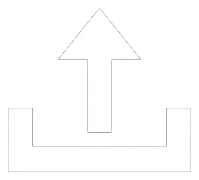 Flat color icon, bold solid colors of an upload icon with an upward arrow out of a tray, transparent background PNG