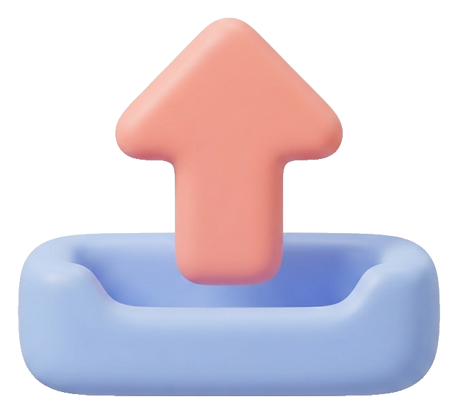 Soft 3D icon, pastel clay render of an upload icon with an upward arrow out of a tray, transparent background PNG