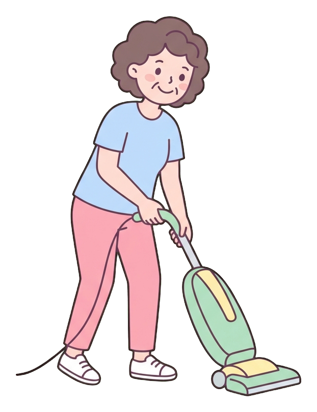 Simple cute flat cartoon illustration with soft pastel colors and thin clean dark outlines of a middle-aged woman, person vacuuming the floor with a vacuum cleaner, transparent background PNG