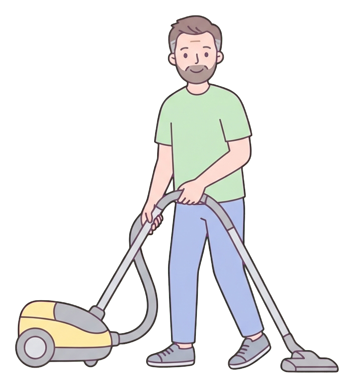 Simple cute flat cartoon illustration with soft pastel colors and thin clean dark outlines of a middle-aged man, person vacuuming the floor with a vacuum cleaner, transparent background PNG