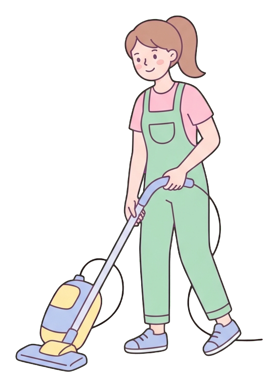 Simple cute flat cartoon illustration with soft pastel colors and thin clean dark outlines of a young woman, person vacuuming the floor with a vacuum cleaner, transparent background PNG
