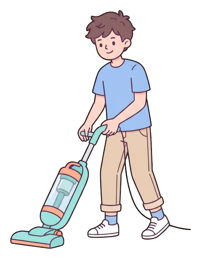 Simple cute flat cartoon illustration with soft pastel colors and thin clean dark outlines of a young man, person vacuuming the floor with a vacuum cleaner, transparent background PNG