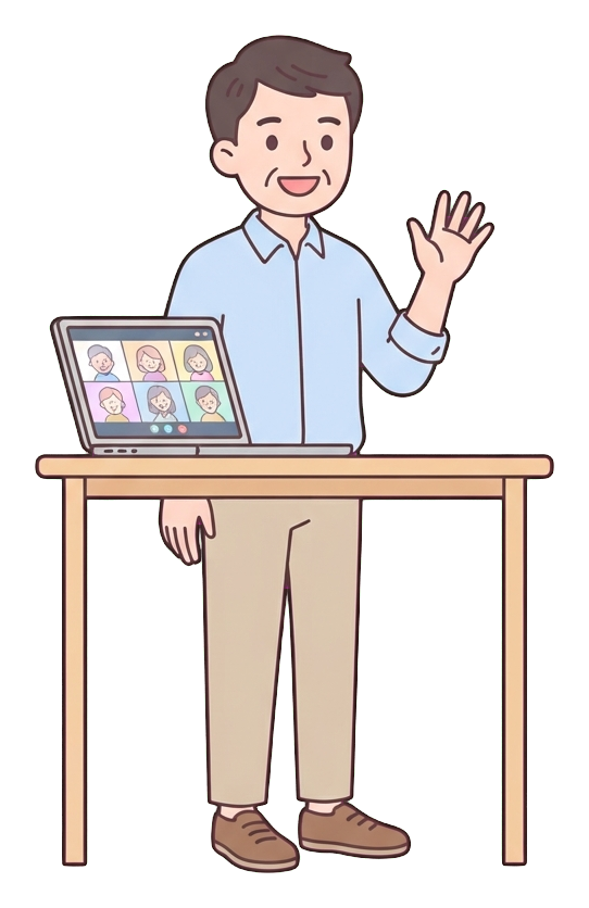 Simple cute flat cartoon illustration with soft pastel colors and thin clean dark outlines of a middle-aged man, person on a video call waving at a laptop, transparent background PNG