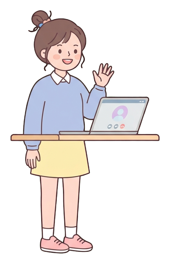 Ilustración de dibujos animados plana, simple y linda, con colores pastel suaves y contornos oscuros finos y limpios, de una mujer joven en una videollamada saludando a una computadora portátil, PNG con fondo transparente