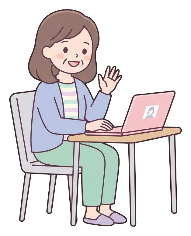 Ilustración de dibujos animados plana, simple y linda, con colores pastel suaves y contornos oscuros finos y limpios, de una mujer de mediana edad en una videollamada saludando a una computadora portátil, PNG con fondo transparente