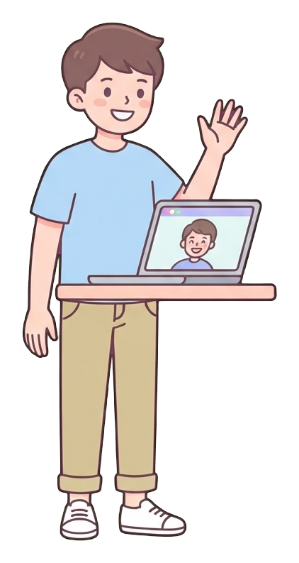 Simple cute flat cartoon illustration with soft pastel colors and thin clean dark outlines of a young man, person on a video call waving at a laptop, transparent background PNG