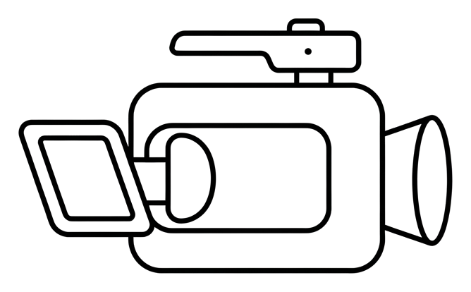 Thin black line icon, minimal outline of a video camera icon, transparent background PNG