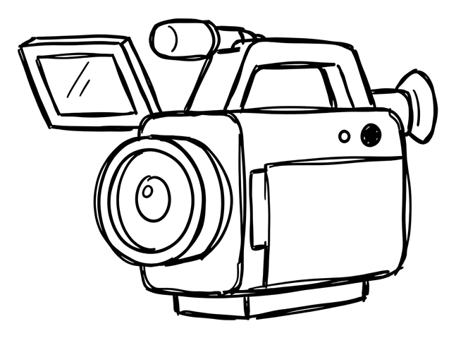 Cute hand-drawn doodle icon, black pen of a video camera icon, transparent background PNG