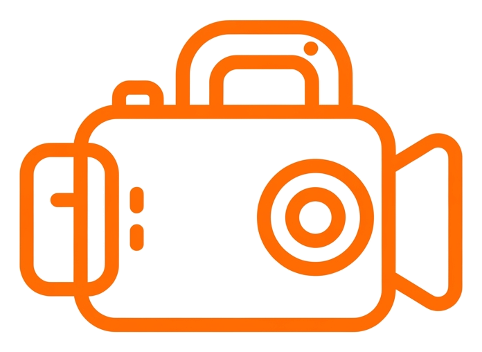 Rounded line icon, thick orange outline of a video camera icon, transparent background PNG