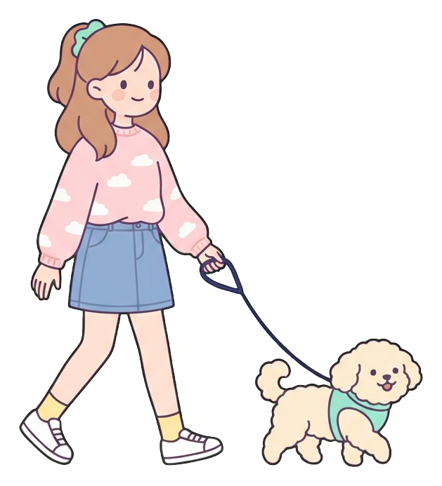 Simple cute flat cartoon illustration with soft pastel colors and thin clean dark outlines of a young woman, person walking a small dog on a leash, transparent background PNG