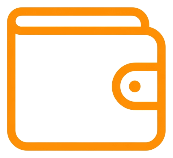 Rounded line icon, thick orange outline of a wallet icon, transparent background PNG