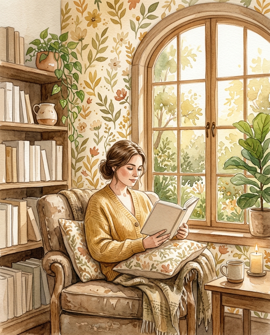 Watercolor illustration of aesthetic wallpaper scene, centered subject with a simple uncluttered composition, warm golden light, calm mood, 4:5 aspect ratio