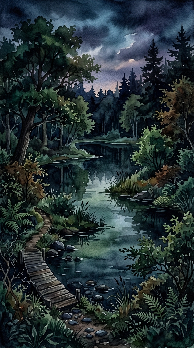 Watercolor illustration of aesthetic wallpaper scene, high-angle view from above, moody dark tones, dramatic lighting, 9:16 aspect ratio