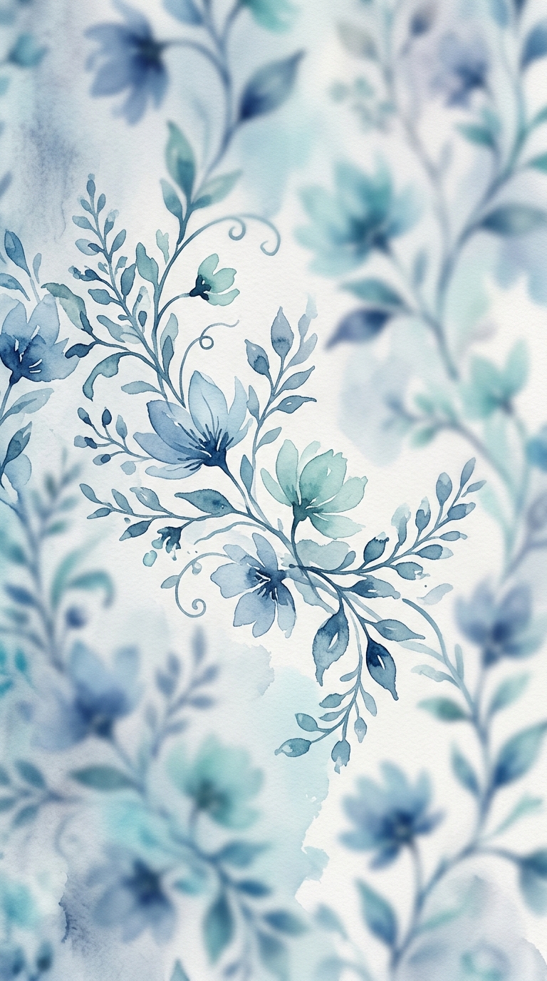 Watercolor illustration of aesthetic wallpaper scene, close-up detail with shallow depth of field, cool blue tones, quiet atmosphere, 9:16 aspect ratio