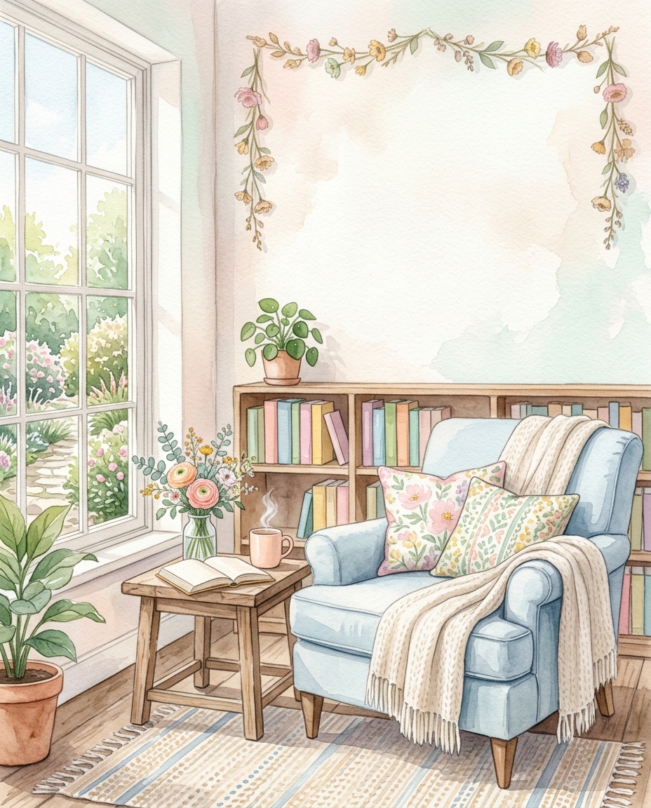 Watercolor illustration of aesthetic wallpaper scene, wide shot with open space at the top for text, soft pastel colors, bright and cozy, 4:5 aspect ratio