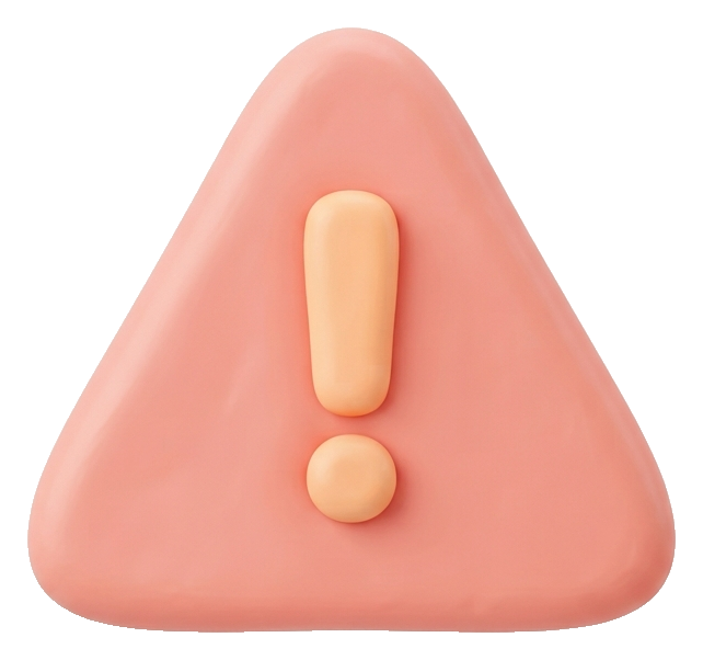 Soft 3D icon, pastel clay render of a warning triangle icon with an exclamation mark, transparent background PNG