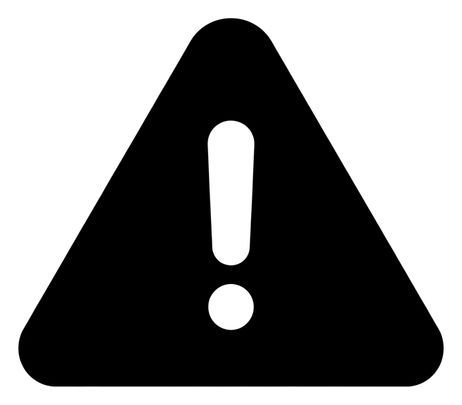 Bold black glyph icon, solid filled silhouette of a warning triangle icon with an exclamation mark, transparent background PNG