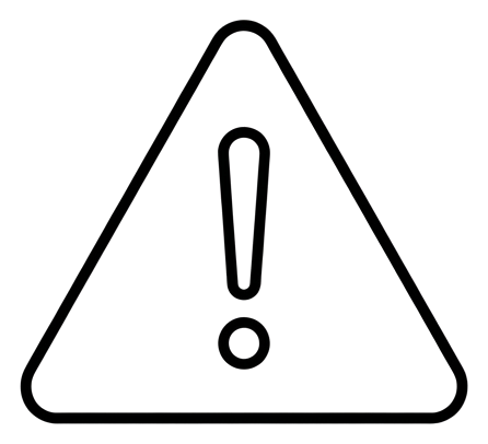 Thin black line icon, minimal outline of a warning triangle icon with an exclamation mark, transparent background PNG