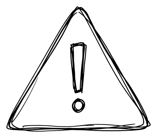 Cute hand-drawn doodle icon, black pen of a warning triangle icon with an exclamation mark, transparent background PNG