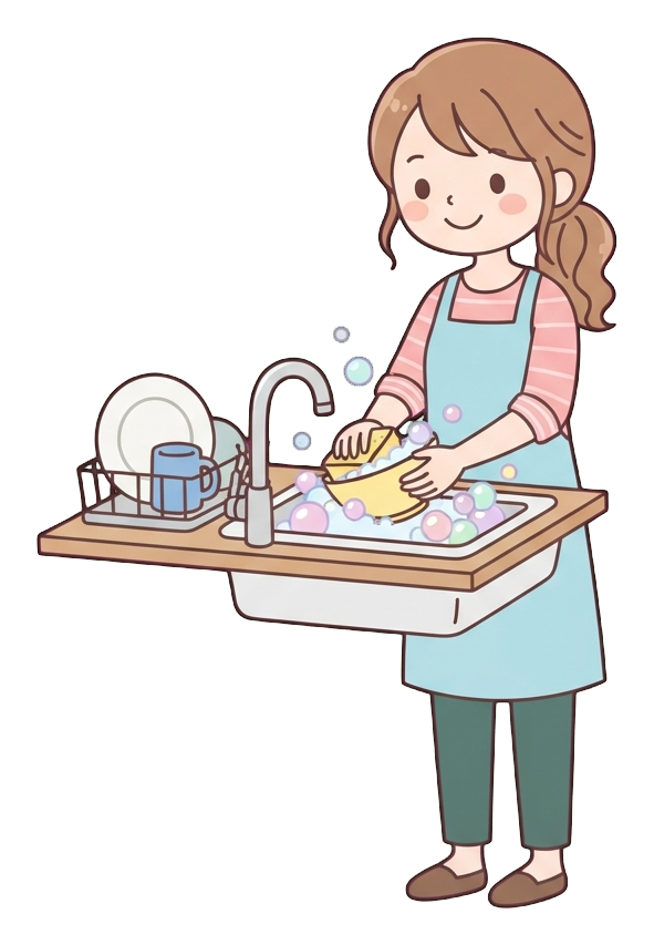 Simple cute flat cartoon illustration with soft pastel colors and thin clean dark outlines of a young woman, person washing dishes at a kitchen sink with bubbles, transparent background PNG