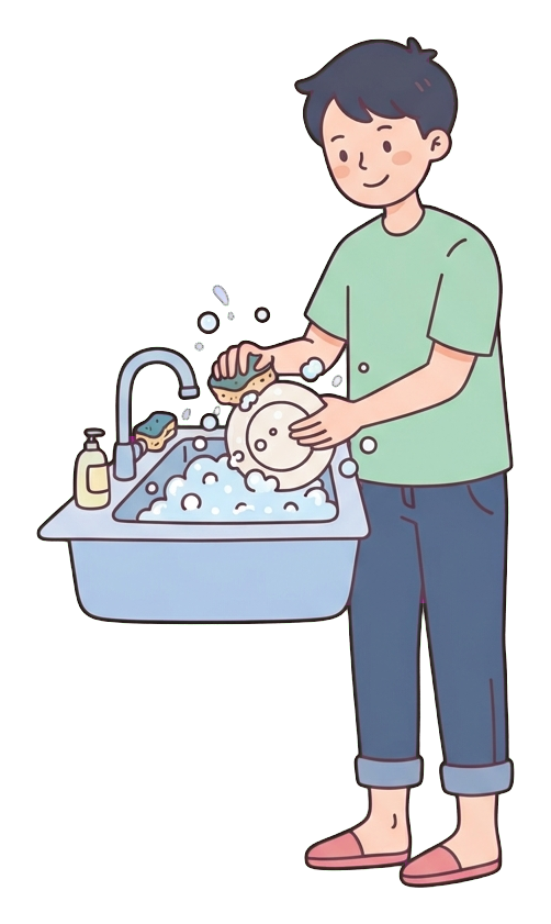 Simple cute flat cartoon illustration with soft pastel colors and thin clean dark outlines of a young man, person washing dishes at a kitchen sink with bubbles, transparent background PNG