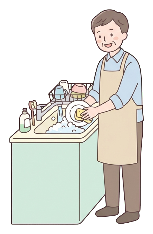 Simple cute flat cartoon illustration with soft pastel colors and thin clean dark outlines of a middle-aged man, person washing dishes at a kitchen sink with bubbles, transparent background PNG