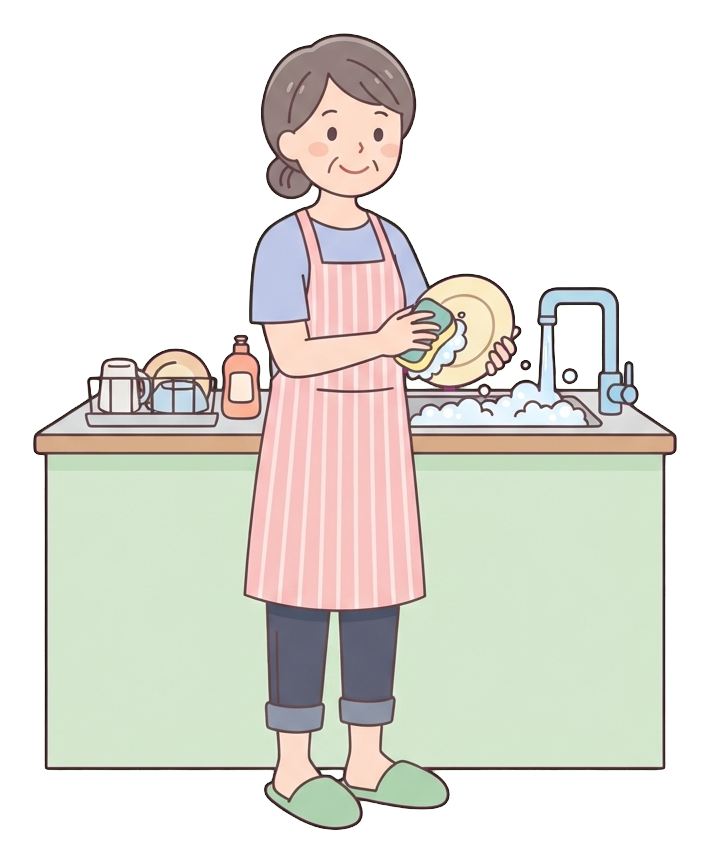 Simple cute flat cartoon illustration with soft pastel colors and thin clean dark outlines of a middle-aged woman, person washing dishes at a kitchen sink with bubbles, transparent background PNG