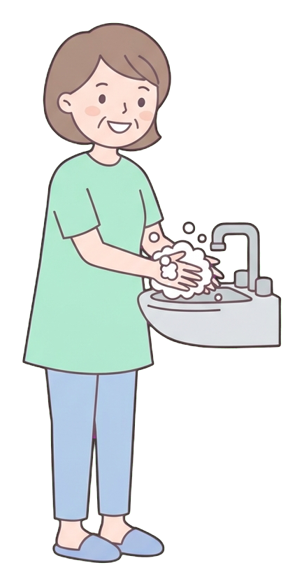 Simple cute flat cartoon illustration with soft pastel colors and thin clean dark outlines of a middle-aged woman, person washing hands with soap bubbles at a sink, transparent background PNG