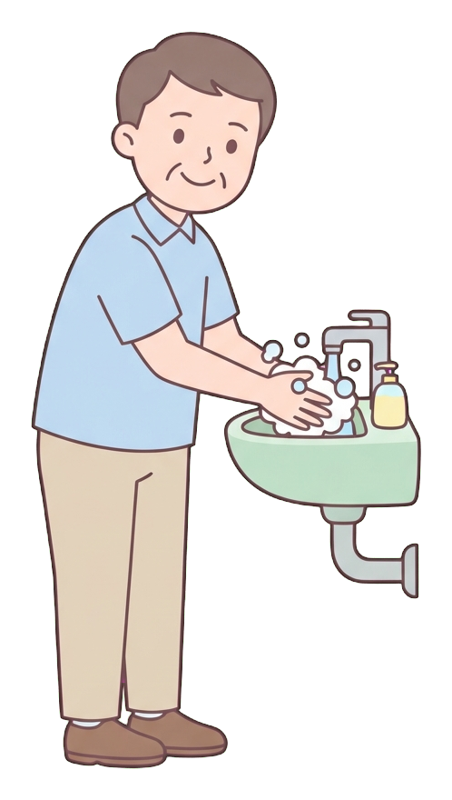 Simple cute flat cartoon illustration with soft pastel colors and thin clean dark outlines of a middle-aged man, person washing hands with soap bubbles at a sink, transparent background PNG