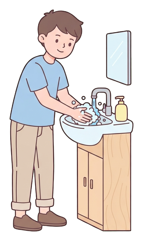 Ilustración de dibujos animados plana, simple y linda, con colores pastel suaves y finos contornos oscuros limpios, de un hombre joven, persona lavándose las manos con burbujas de jabón en un lavabo, PNG con fondo transparente