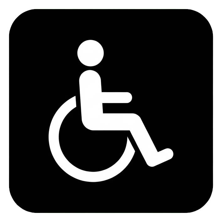 Pictogram sign, white figure on a solid black rounded square of a wheelchair accessibility pictogram, transparent background PNG