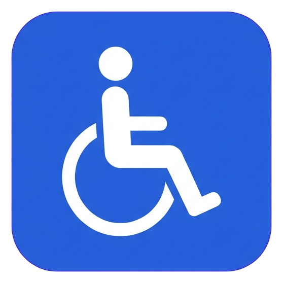 Pictogram sign, white figure on a solid blue rounded square of a wheelchair accessibility pictogram, transparent background PNG