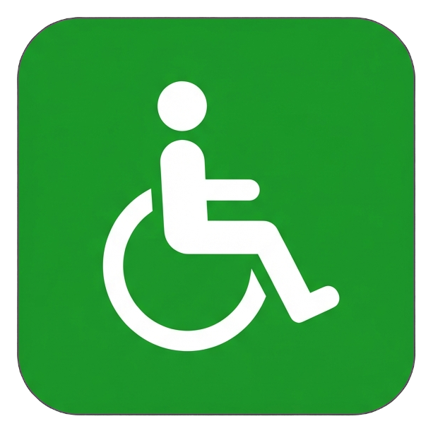 Pictogram sign, white figure on a solid green rounded square of a wheelchair accessibility pictogram, transparent background PNG