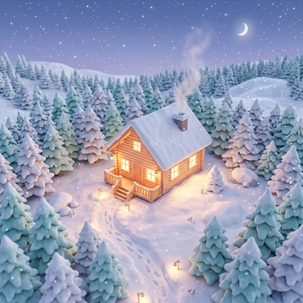 Soft 3d render of cozy wooden cabin in the snow at night, high-angle view from above, soft pastel colors, bright and cozy, 1:1 aspect ratio