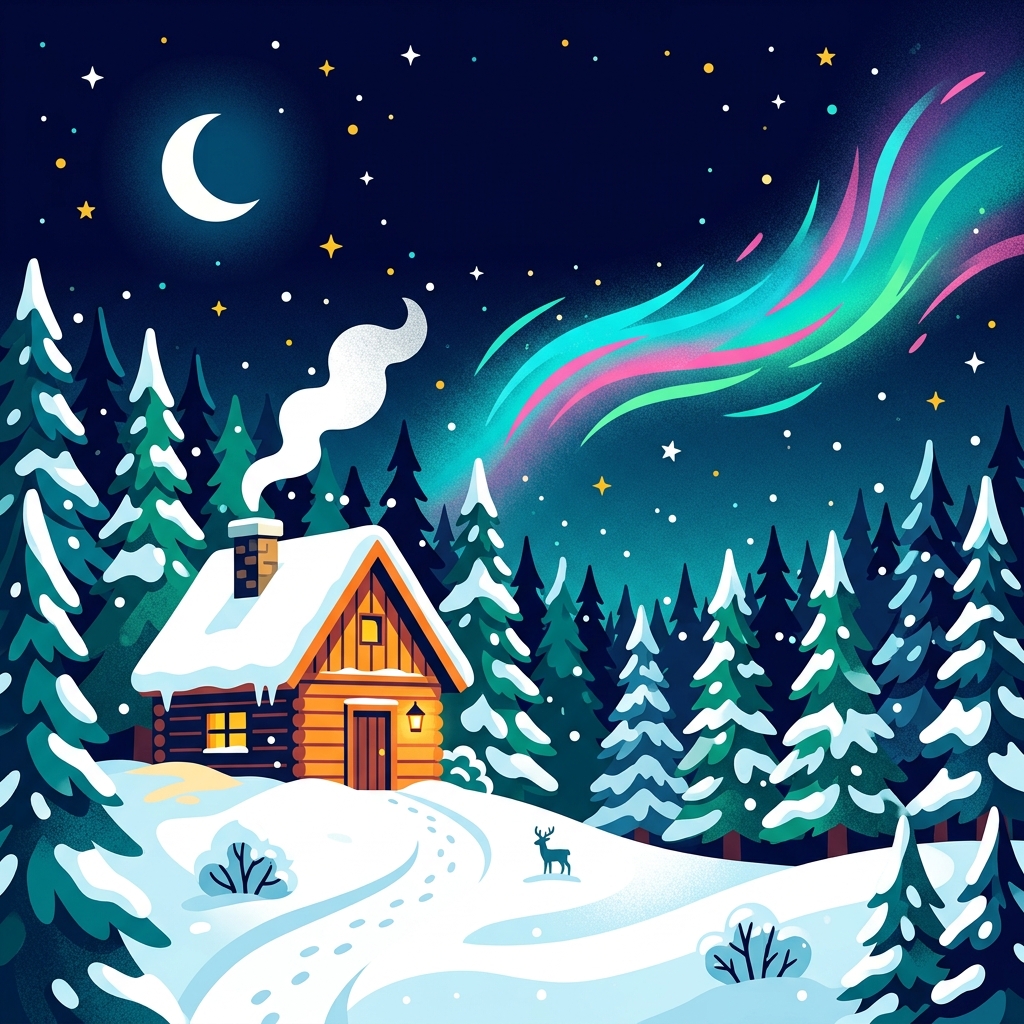 Minimal flat illustration of cozy wooden cabin in the snow at night, wide shot with open space at the top for text, vivid colors, high contrast, energetic, 1:1 aspect ratio