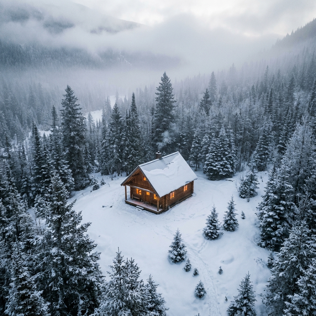 Photorealistic photo of cozy wooden cabin in the snow at night, high-angle view from above, misty morning haze, dreamy, 1:1 aspect ratio