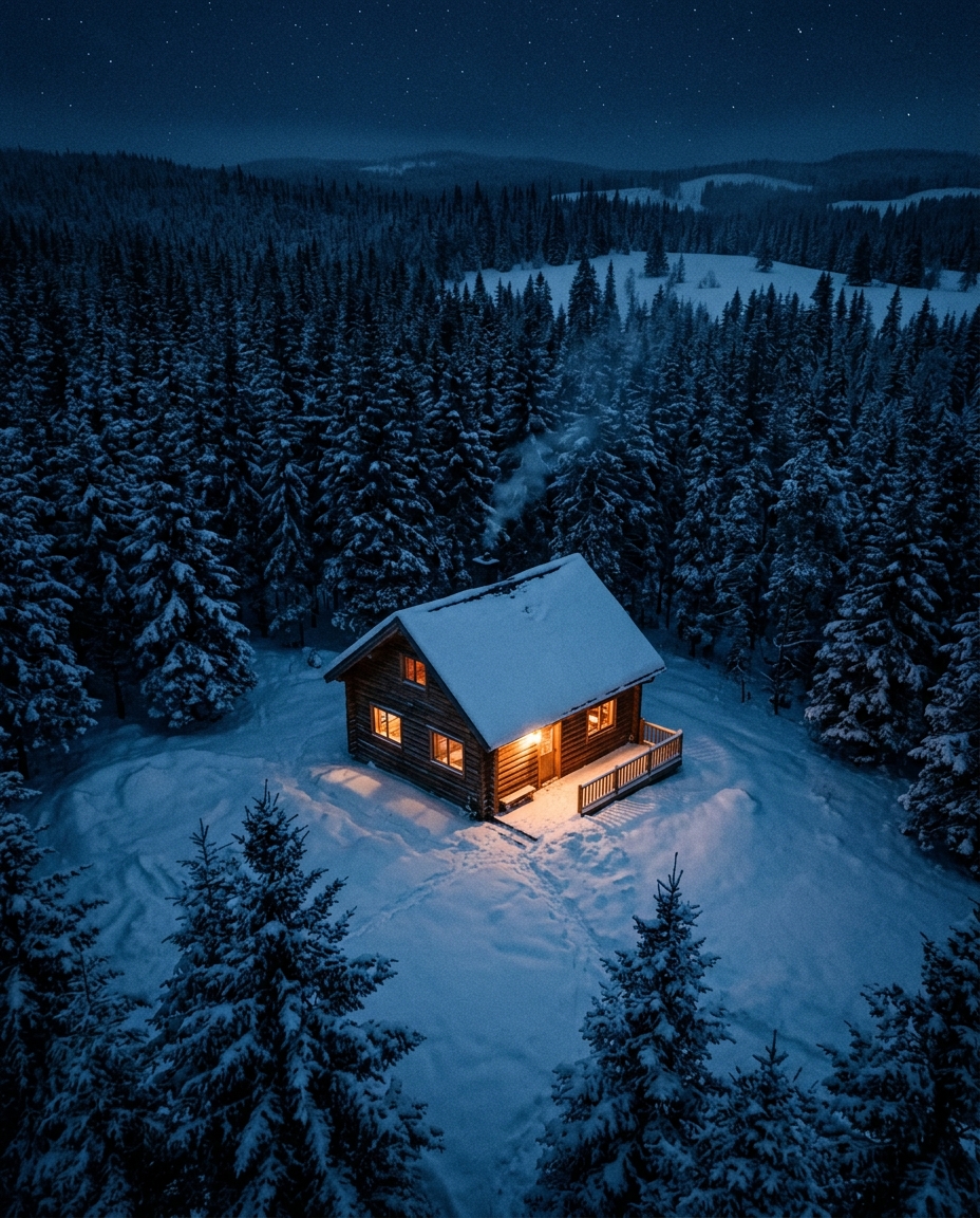 Cinematic film still of cozy wooden cabin in the snow at night, high-angle view from above, cool blue tones, quiet atmosphere, 4:5 aspect ratio
