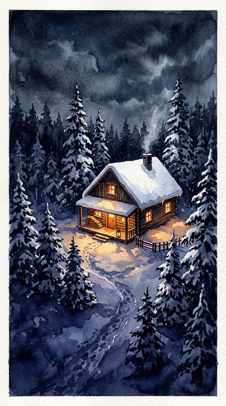 Watercolor illustration of cozy wooden cabin in the snow at night, high-angle view from above, moody dark tones, dramatic lighting, 9:16 aspect ratio