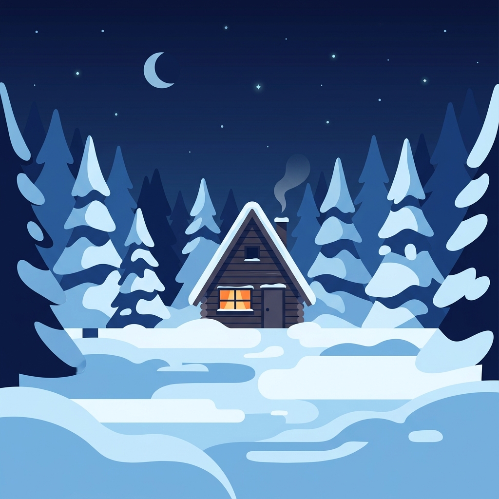 Minimal flat illustration of cozy wooden cabin in the snow at night, centered subject with a simple uncluttered composition, cool blue tones, quiet atmosphere, 1:1 aspect ratio