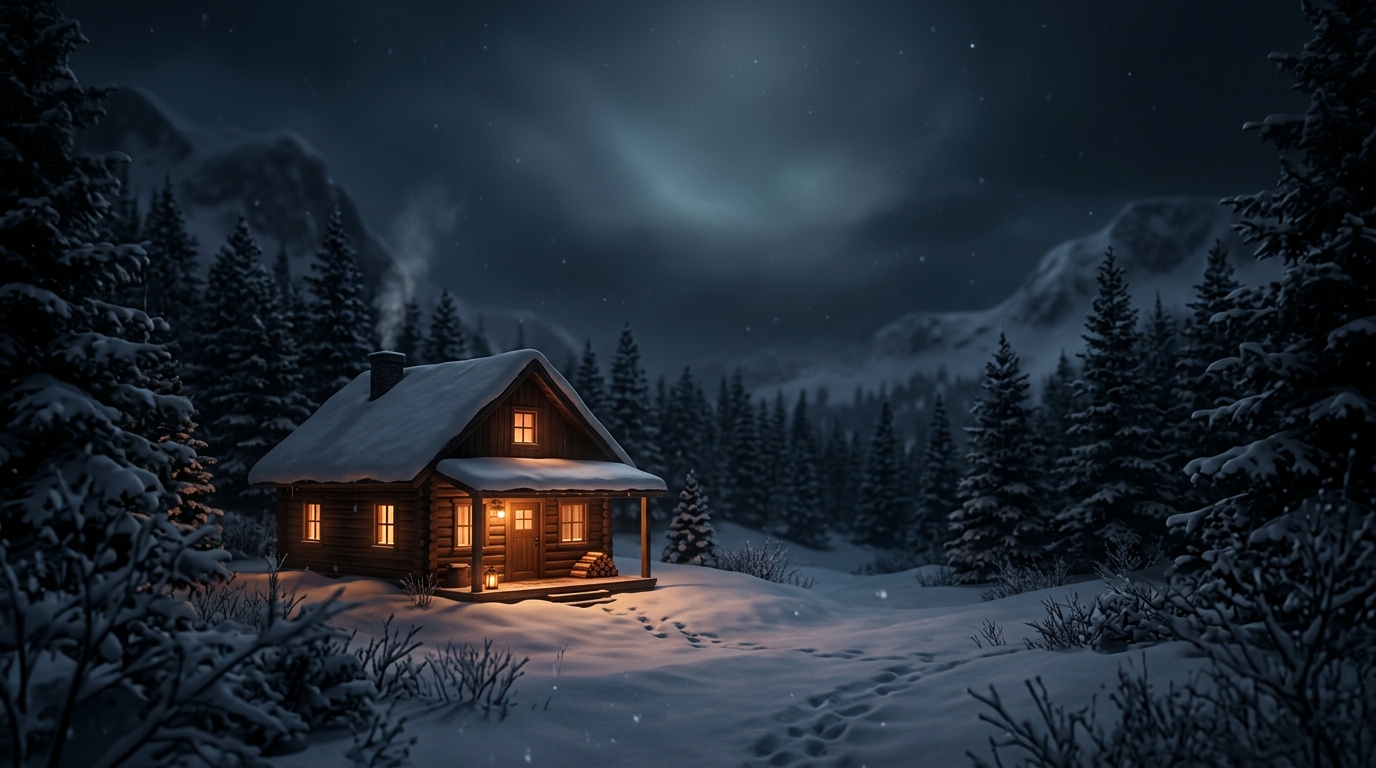 Soft 3d render of cozy wooden cabin in the snow at night, wide shot with open space at the top for text, moody dark tones, dramatic lighting, 16:9 aspect ratio