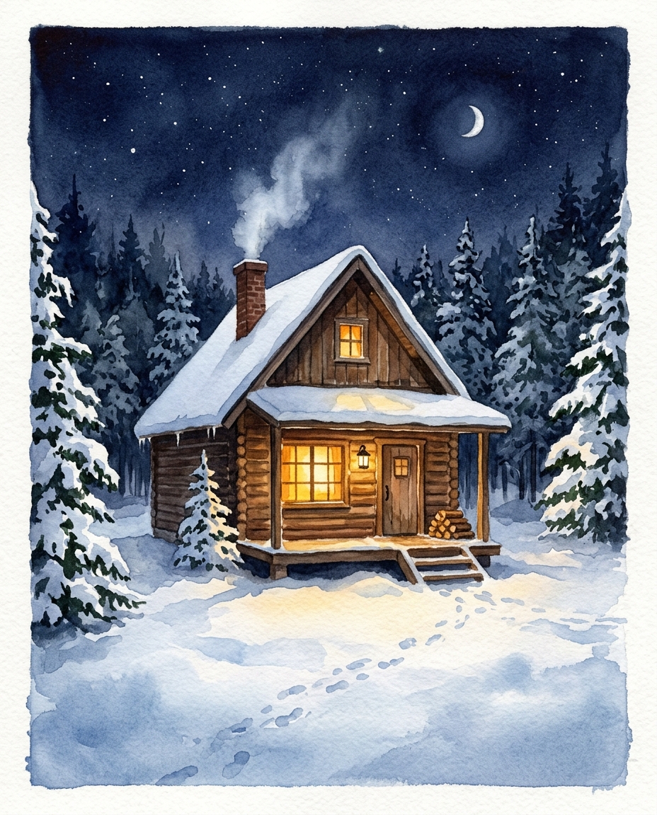 Watercolor illustration of cozy wooden cabin in the snow at night, centered subject with a simple uncluttered composition, warm golden light, calm mood, 4:5 aspect ratio