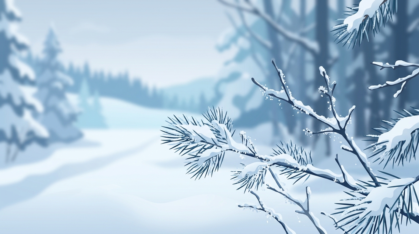 雪白冬景的簡約平面插畫，特寫細節伴隨淺景深，冷藍色調，靜謐氛圍，16:9比例