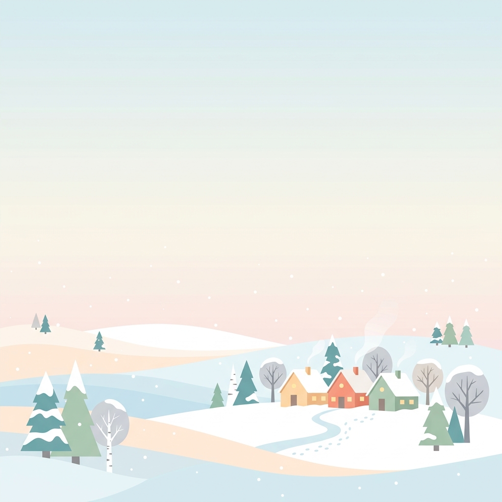 雪白冬景的簡約平面插畫，寬景鏡頭且上方留有文字空間，柔和粉嫩色彩，明亮舒適的氛圍，1:1比例