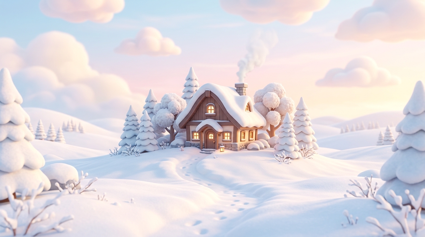 Renderização 3D suave de paisagem invernal nevada, assunto centralizado com composição simples e sem distrações, cores pastel suaves, brilhante e aconchegante, proporção 16:9